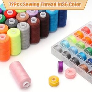 72 Pcs Quality Hand Sew Topstitching Thread + Bobbins Home Sewing Mending Set